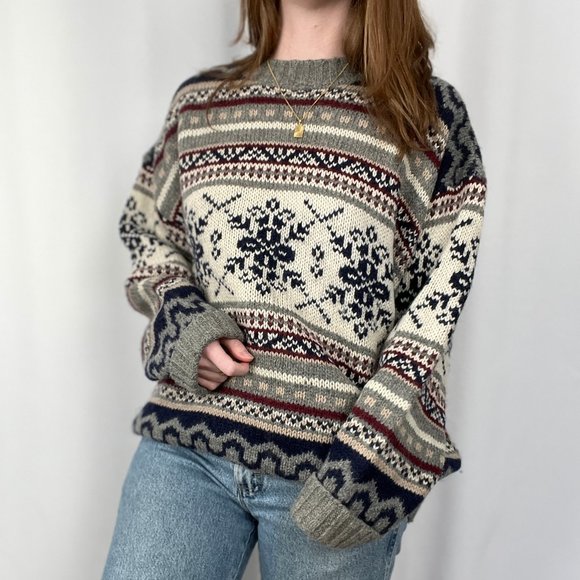 Vintage Nordic Fair Isle Wool Oversized Knit Crew Neck Grandpa Fisherman Sweater - Picture 3 of 8